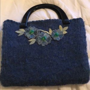 Vintage purse tote blue flowers embroidered